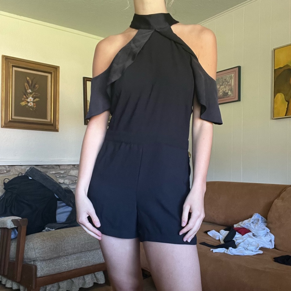 Black mini jumpsuit black tie or evening wedding guest event dress